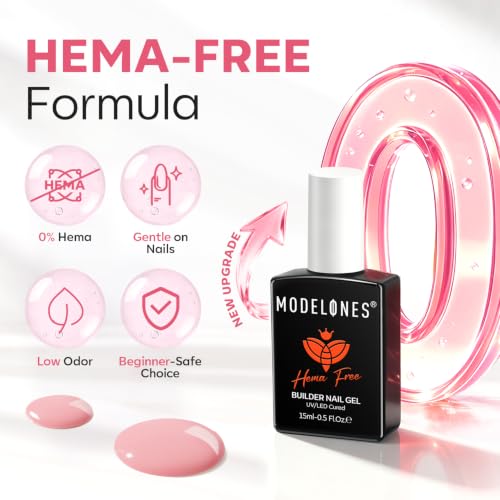 Image of modelones Builder Nail Gel Peachy Pink HEMA-Free Builder Color Gel Polish | 8-in-1 Jelly Pink Rubber Base Gel Polish Strengthener for Nail Extension, Natural Apex, Self-Leveling, U /V Cured Home Salon