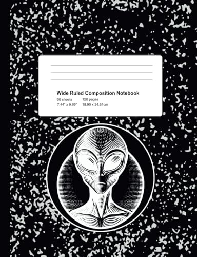 Wide Ruled Composition Notebook: Black Marble Alien Journal