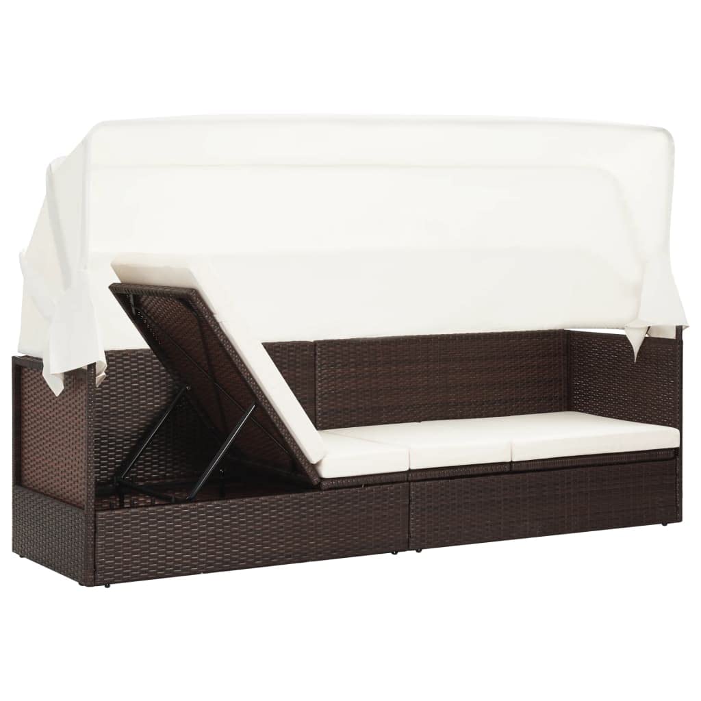 Lettino da giardino resistente alle intemperie con cuscino imbottito, letto da giardino con baldacchino in polyrattan e rattan PE con schienale regolabile, mobili lounge con baldacchino