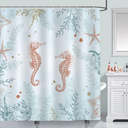 Image of Bonhause Beach Seahorse Shower Curtain 180 x 180 cm Starfish Coral Ocean Coastal Bathroom Curtain Mildew & Mould Resistant Polyester Fabric Bath Curtain with 12 Hooks