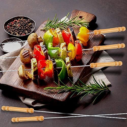 Image of Bbq Skewer Set BBQ Grill Skewer Stainless Steel Barbeque Skewers Set for home Wooden Handle Reusable Electric Barbeque Grill Tool For Indoor Outdoor BBQ Stick bbq skewers wooden (14 Pcs)