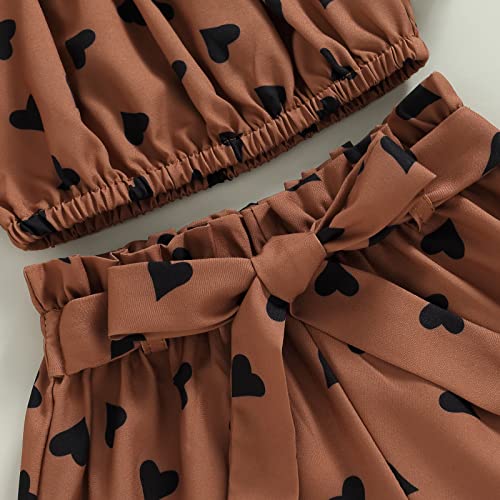 MA&BABY Toddler Kids Girls Clothes Shorts Sets Heart Printed Ruffles Short Sleeve Off Shoulder Tops+Shorts 1-5Y (Coffee-dots, 3-4 Years) - Thumbnail 6
