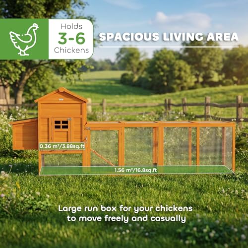 Image of PawHut 118 inch Extra Large Chicken Coop with Asphalt Roof, Wooden Hen Run with Slide-Out Tray and Nesting Box, Chicken Hutch for 3-6 Chickens, Orange