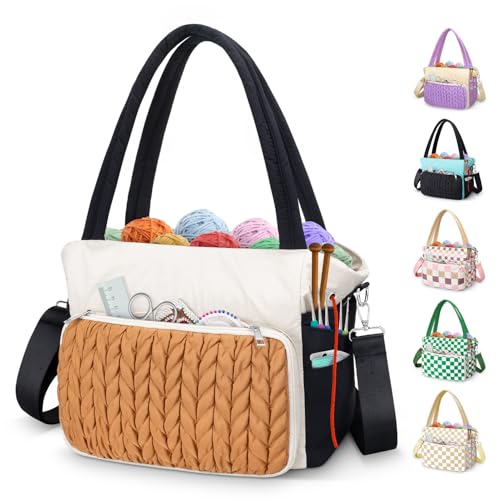 DALINDA Crochet Bag Organizer Yarn Bag and Tote- Yarn Storage with Multiple Pockets for Crochet Supplies Knitting Bag for Gifts Portable & Durable(Brown)