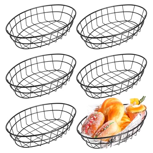 6Pcs Black Wire Bread Baskets for Serving Food, Metal Wire Bread Basket Reusable Metal Dinner Roll Basket 9.5 X 6.2 X 2.2 Inch Fruit Vegetables Baskets Bowl Storage for Kitchen Table Fast Food Burger