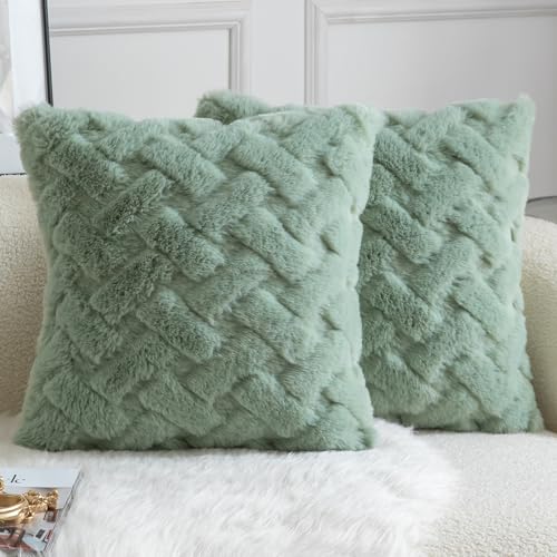 Image of YAERTUN Set of 2 Decorative Cushion Covers Thick Plush Wool Pillows Covers Super Soft Luxury faux Rabbit Fur Velvet Throw Pillow Cases for Couch Sofa Bed Living Room 16x16 Inch 40x40 cm Sage Green