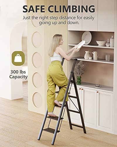 Woa Woa 5 Step Ladder Folding, Portable Lightweight Ladder With Handgrip, Folding Ladder With Anti-Slip Widen Pedal, Aluminum Ladders For Household, Stepladder For Home, Office, Kitchen Black #TOP6