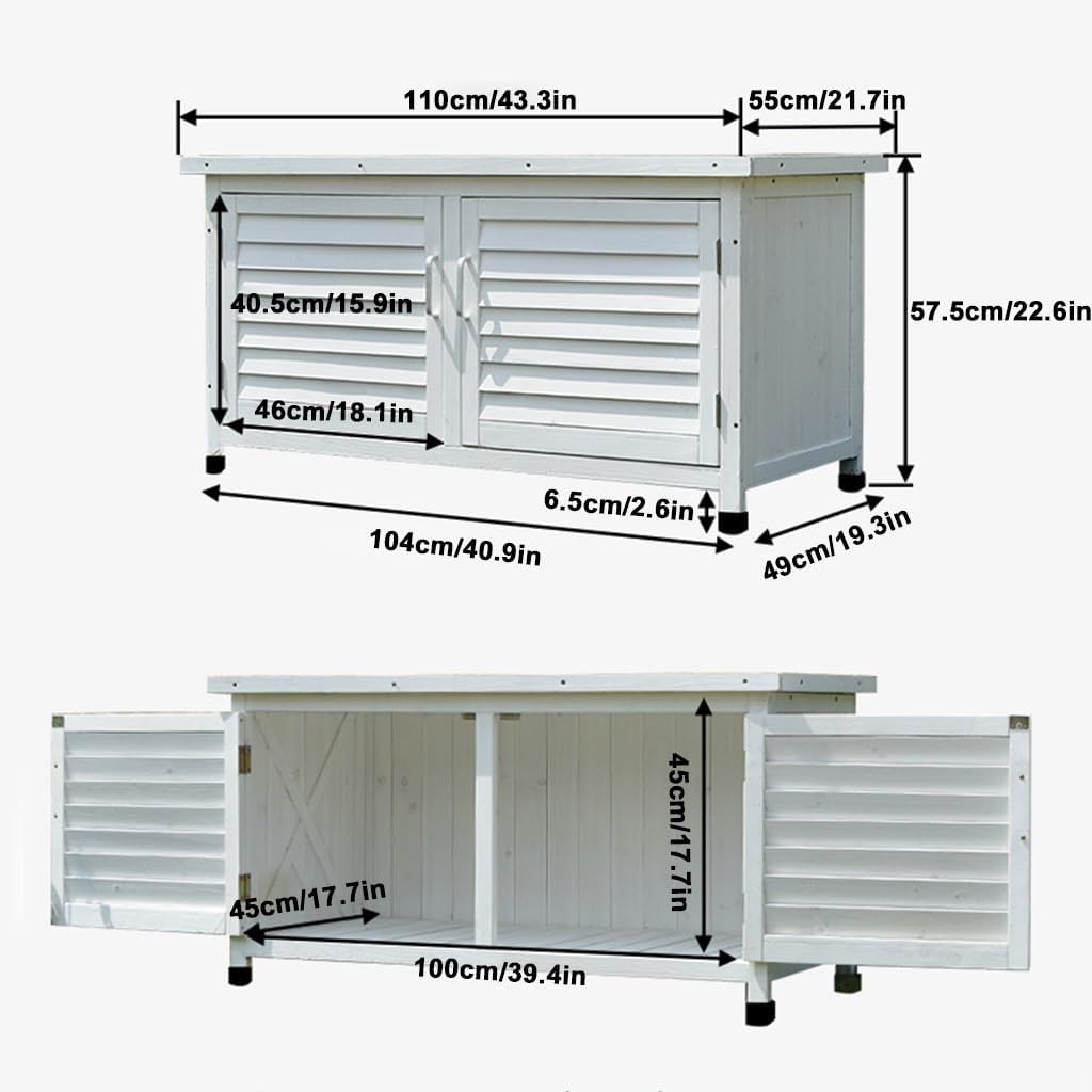 Outdoor Storage Cabinet with Double Doors Weatherproof Wooden Garden Utility Shed for Patio Yard Balcony Waterproof Solid Wood Construction Tool Storage Box(White)