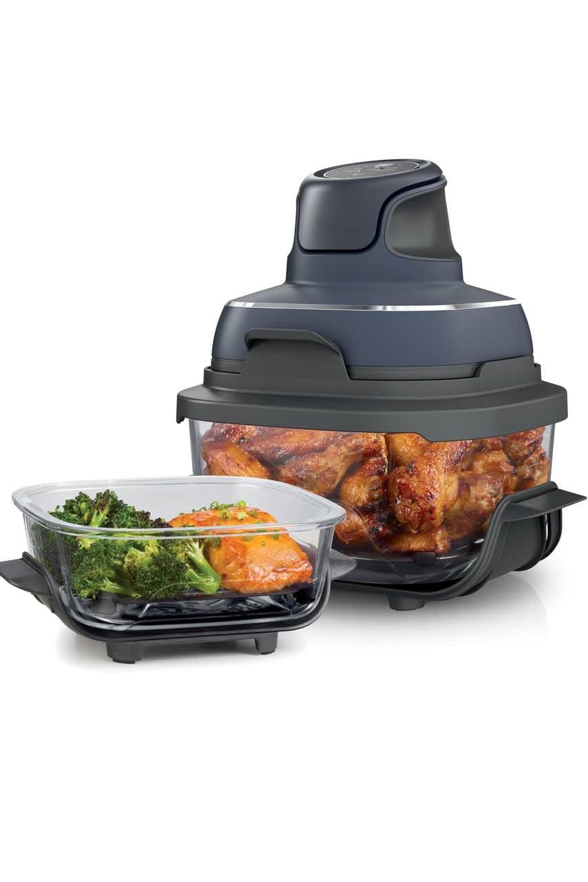 4-in-1 Portable Glass Air Fryer Cooking System with 4QT Capacity, 6-Cup Glass Containers, Storage Lids, Freezer & Dishwasher Safe, Bake & More, FN101GY