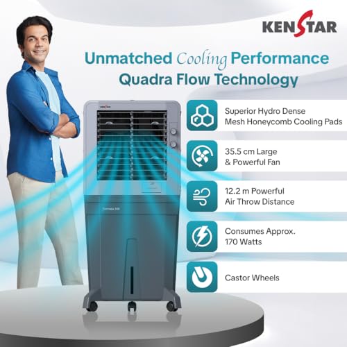 Image of Kenstar Farrata HC 100 Desert Air Cooler for Home - Inverter Compatible, Wood Wool Cooling Pads, Large Wheels (100L, 170 Watts)