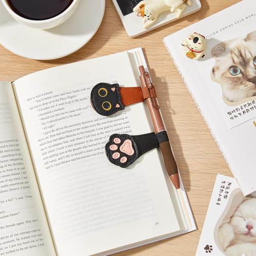 2Pcs Magnetic Bookmarks with Gift Box Magnetic Pen Holder for Notebook Cat Book Marks Clip Gift for Book Lover Readers Cute PU Leather Bookmark for Women, Cat+Paw (Brown+Black) — view 6