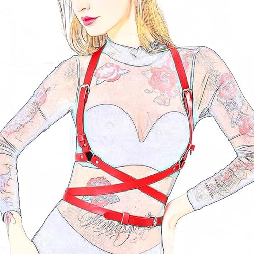 Women Leather Harness Belt,BDSM Chest Harness Body,Women’s Bondage Harness Red Adjustable Punk Waist Belt Gothic Upper Body Chest Straps Corset Ladies Belt Shackles for Woman Rave Outfit Ladies3