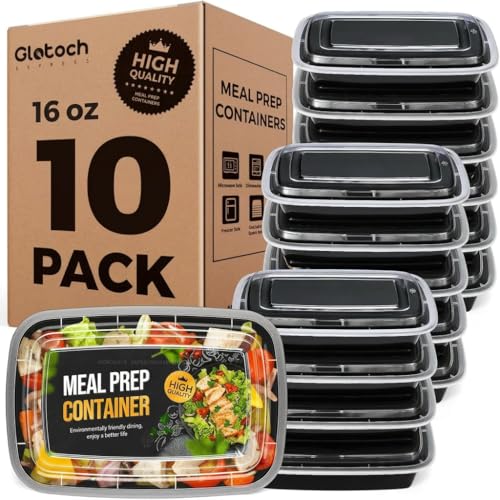 Glotoch 16oz 10-Pack Meal Prep Containers with Lids Reusable, plastic food storage containers sturdy leakproof, Microwave/freezer/dishwasher safe to go food containers, Black