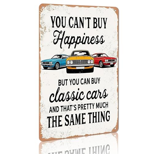LumDecor Vintage Classic Car Decor Tin Sign, You Can't Buy Happiness But You Can Buy Classic Cars Garage Wall Decor,Retro Garage Cars Wall Art for Man Cave Home Office Room, Car Guy Gifts for Men