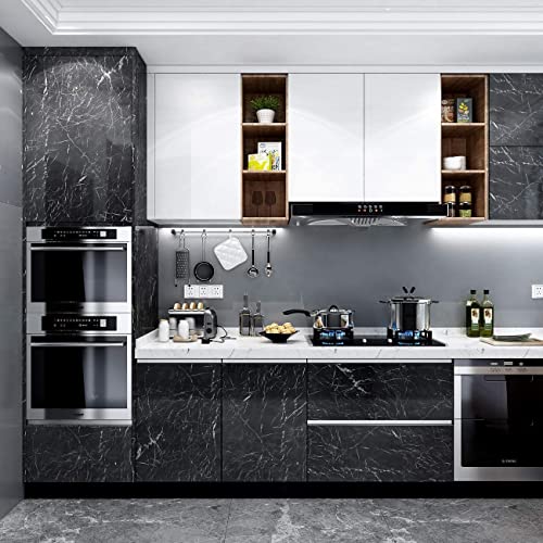 Image of Self Adhesive PVC 3D Wall Sticker Oil Proof Waterproof Kitchen Backsplash Wallpaper Decorative Sheet for Home Living Room Bedroom Cafe Walls (60x200 cm, Black - Pack of 1)