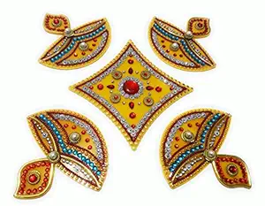 Handcrafted Decorative Diwali Rangoli Set Multicolor Jewel Stone/Kundan Decorations on Yellow Acrylic Base 5 Piece Set - for Home D cor