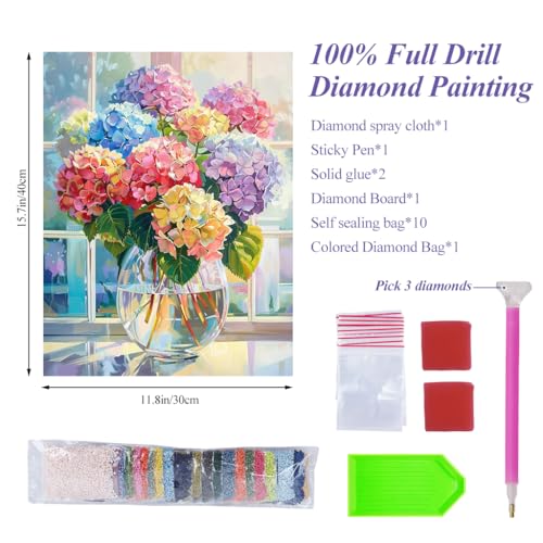Image of HASTHIP Diamond Painting Kits for Adults, Color Hydrangea 5D Diamond Art Kits for Beginner Kids DIY Full Drill Diamond Dots Crystal Craft Kits for Home Wall Decor Gifts, No Frame 12x16 inch