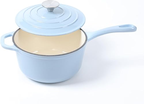 Miniatura 3 de HAWOK Cacerola de hierro fundido esmaltado, cacerola de 2.65 cuartos de galón con tapa y mango largo, color verde