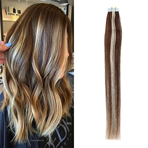 TheFashionWay 16-24 Inches Human Hair Extensions Tape in Silky Straight Weft Remy Virgin Hair Various Colors For Choosing (16 inches, 2-613 highlight)