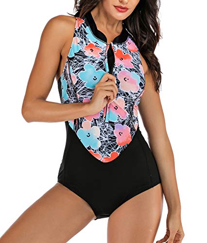 Yateen Womens Rash Guard Sleeveless One Piece with Zipper Surfing Swimsuit Blue/Black