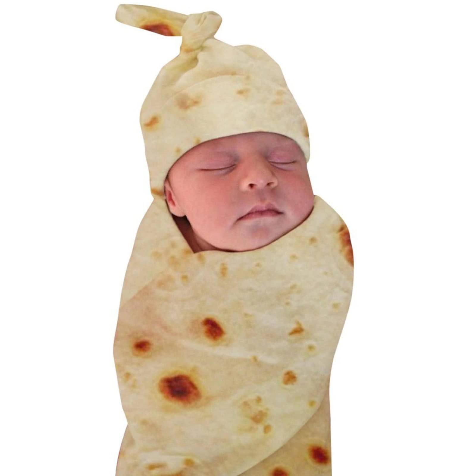 Koc dla noworodka Burrito Swaddle Tortilla Wrap | Z zabawnym wzorem burrito i pasującą czapką, 85 x 85 cm, oddychająca, przyjazna dla skóry, idealna na zdjęcia noworodków