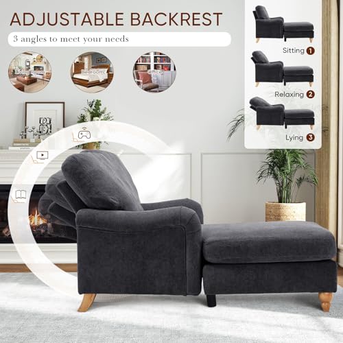 JEEOHEY Chaise Lounge Chair with Adjustable Backrest, Modern Upholstered Chenille Leisure Sofa Recliner, Sleeper Chair Bed with Rolled Arm for Indoor, Bedroom, Living Room, Study Room, Office, Black