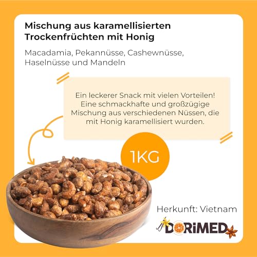 Nuss-Mischung 1 Kg, Nussmix, mit Honig karamellisiert (Cashewnüsse, Mandeln, Macadamianüsse, Pekannüsse) Gemischte Nüsse, karamellisiert mit Honig 1 kg | Verschiedene | Süßer Snack-Mix | Dorimed