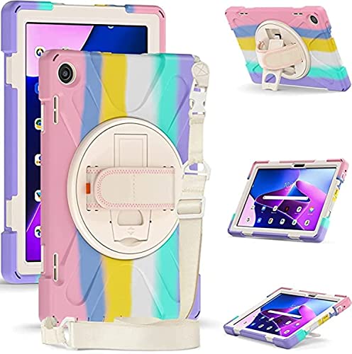 AVAKOT Case for Lenovo-Tab-M10 (3rd Gen) 10.1" 2022 w/Stylus Holder & 360° Rotating Kickstand, Heavy Duty Hybrid Shock-Proof Cover with Hand/Shoulder Strap TB-328FU/TB-328XU(Rainbow)