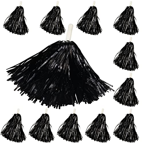 Hooshing 12PCS Black Pom Poms Cheerleading Fluffy Cheer Pom Poms Squad Team Spirited Pompoms for Party Sports Dance