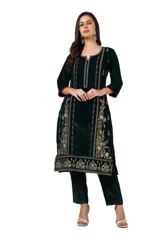 Image of Soch Womens Green Velvet Embroidered Kurta Set