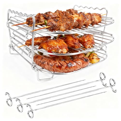 VolksRose 3-Tier Air Fryer Rack with 5 Skewers - Stainless Steel Grill Rack & Dehydrator Tray for Low-Oil Cooking, Dried Meat & Veggies, Universal Air Fryer Accessories & Stackable Oven Rack