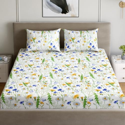 Image of Dreamscape 100% Cotton Fitted Bedsheet for King Bed, 186 TC, 1 Fitted Bed Sheet (Size 72 x 78 inches) with 2 Pillow Covers - Blue