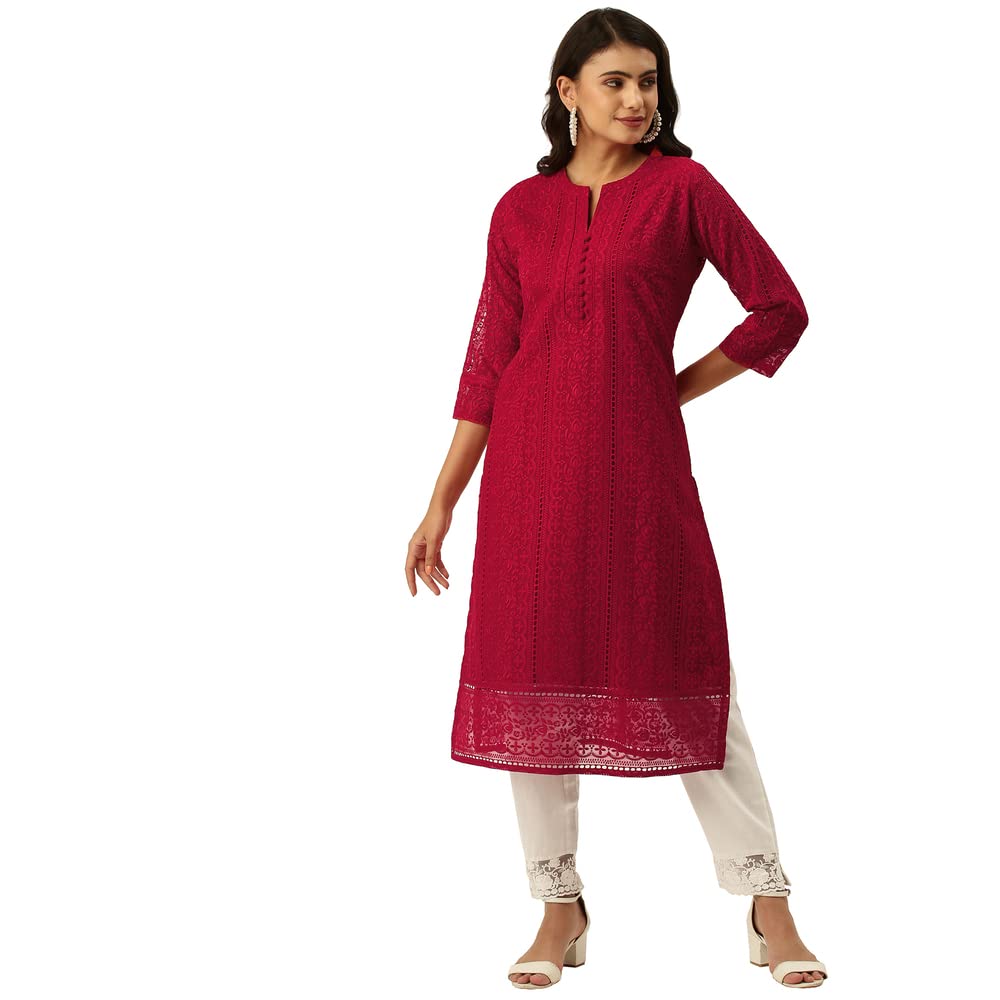 ZOLAGeorgette Mandarin Collar Neck with 3/4th Sleeves and Calf Length Lucknowi Chikankari Embroidered Ethnic Wear Straight Kurta for Women