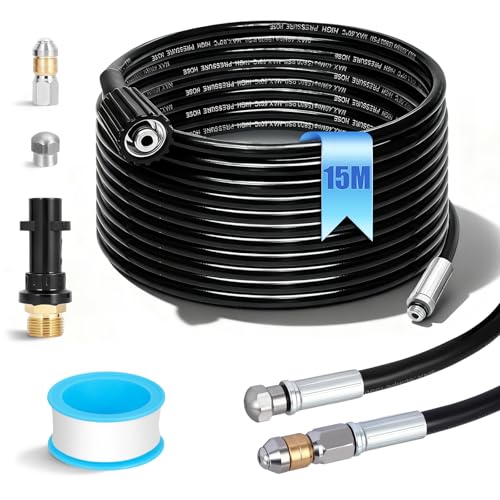 15m Manguera Desatascadora, Sonda Desatascadora de 400 Bar/5800PSI con Adaptador, 2 Boquillas (de Chorro y Giratoria) y 1 Cinta de Teflón, Compatible con Kärcher K2-K7 para Uso Doméstico