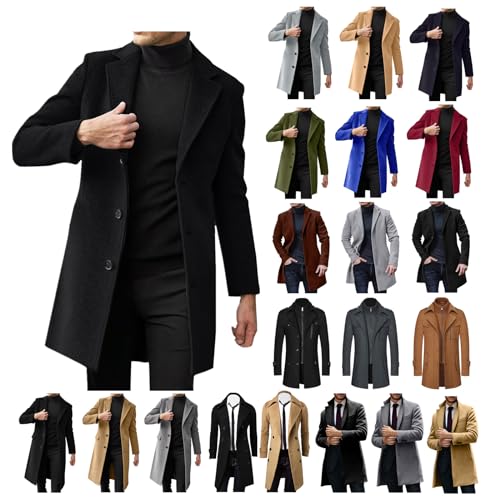QWENTMTNTY Wool Pea Coats for Men Winter Slim Fit Casual Single Breasted Trench Coat Mid-Length Thermal Business Peacoat