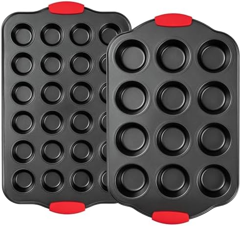 Tiawudi Muffin Pan, Nonstick Cupcake Pan Set, 2 Pack Heavy Duty Muffin Tins for Baking, 12-Cup Regular and 24-Cup Mini Bareware Tray with Silicone Grip Handles - Thumbnail 3