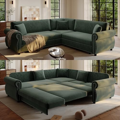 Image of KCGKCG 88.2 inch Sleeper Sofa Bed, Sectional Couches for Living Room /Apartment, Chenille L Shaped Couch with Pull Out Couch Bed, Convertible Sectional Sofa with Rolled Arm & Nailhead Trim, Green
