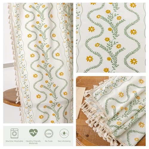 Image of Boho Curtains 63 Inch Long for Living Room, Bedroom, Yellow Flower | Sage on White 2 Panels Floral Farmhouse Vintage Tassel Semi Sheer Light Filtering Privacy Window Drapes with Rod Pocket