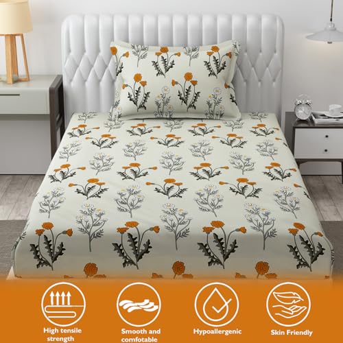 Image of FRESH FROM LOOM Single Bed Microfiber Bedsheet with Floral Print - 240 TC, Hypoallergenic, Includes 1 Pillow Covers (60 x 90 inch), Multicolor