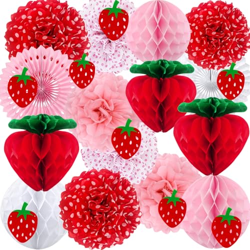 Image of 16 Pcs Strawberry Birthday Decorations - Tissue Pom Poms, Honeycomb Ball, Garland & Fans for Berry Sweet Baby Shower, Strawberry Shortcake Birthday Decorations and Girls Party Supplies