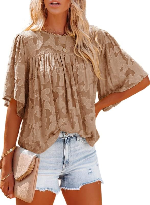 Womens 3/4 Bell Sleeve Blouse Summer Crewneck Lace Tops Floral Textured Babydoll Shirts