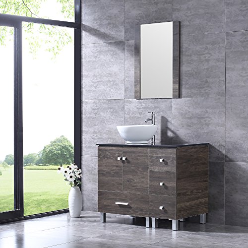 Bathjoy 36" Bathroom Ply Wood Vanity Cabinet Ceramic Vessel Sink Top Faucet Drain Combo With Mirror Vanities Set #TOP1