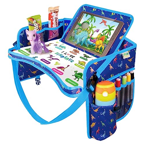 Image of Kids Travel Tray - Waterproof Car Table with No-Drop Large Tablet Holder - Car Seat Tray - Road Trip Must Haves - Lap Desk Kids Organizer for Airplane - Toddler Travel Activities (Blue)