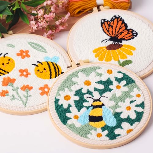 Image of 3Sets Punch Needle Kit for Adults Beginners,Bee & Butterfly Flowers Embroidery Kit,Includes Punch Needle Tool, Embroidery Hoop, Yarn,Fabric,Supplies, DIY Art & Crafts for Women & Girls
