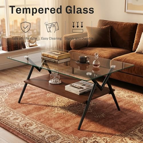 Casaphoria Rectangle Coffee Table with Tempered Glass Top and Black Metal Legs, 2-Tier Modern Industrial Center Table with Storage Shelf for Living Room, 38.6 Inch, Transparent/Black