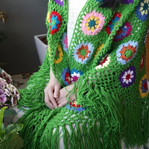 Handmade Crochet 70x34in Fringed Poncho Cape Shawls Wraps Granny Square Womens Coat Sweater3