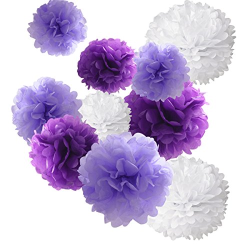 Image of 18pcs Tissue Hanging Paper Pom-poms, Hmxpls Flower Ball Wedding Party Outdoor Decoration Premium Tissue Paper Pom Pom Flowers Craft Kit (Purple & White, 8 inch / 10 inch / 12 inch