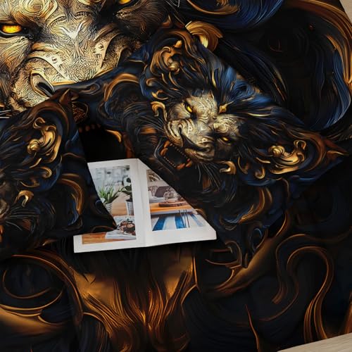 Image of Black and Gold Lion Comforter Set Queen Bed Set,Lion Animal Print Bedding Queen Size,with 1 Comforter with 2 Pillow Case,Animal Themed Bedroom Decor