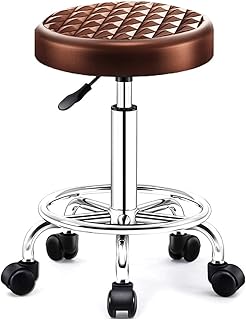 NYTA Round Rolling Stool PU Leather Adjustable Rolling Swivel Salon Stool Chair Tattoo Massage Facial Spa Stool Chair Rolling Massage Stool Chair on Wheels with Foot Brown