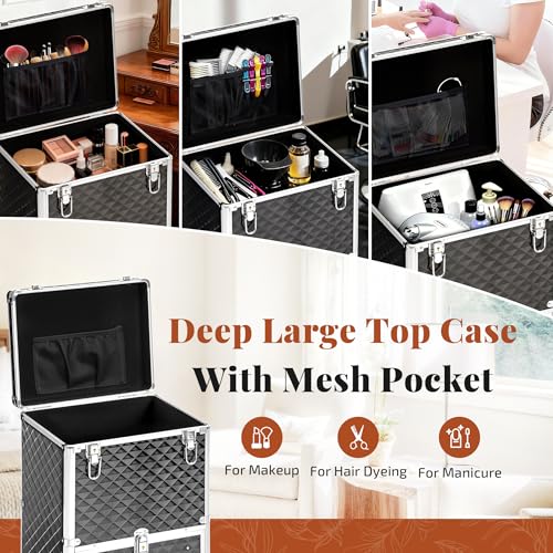 Image of Rolling Makeup Train Case with Drawers Cosmetology Case on Wheels | 4 in 1 Large Cosmetic Organizer for Hairstylist,Makeup Artist Nail Trolley Cart Salon Storage Traveling Cart Trunk